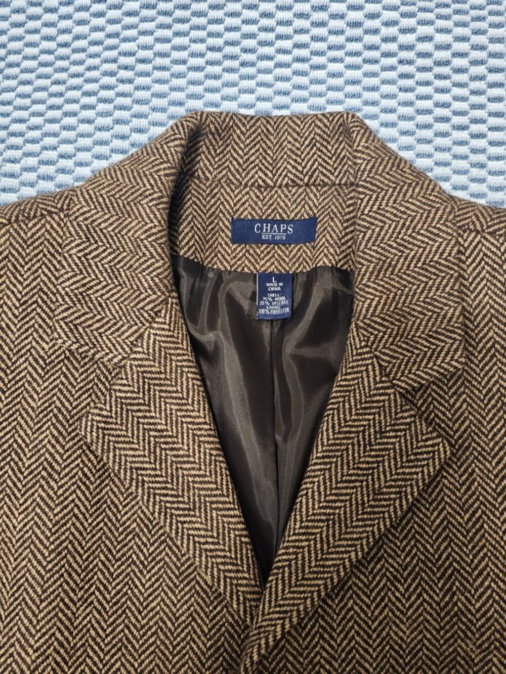 Chaps Womens Herringbone Brown/Khaki Blazer Wool Blend Bronze Buttons Size Large - Picture 5 of 9